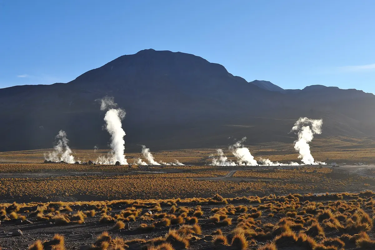 Plumes of white steam rising from geysers on a flat plain of golden grass, with a dark mountain behind under a clear blue sky